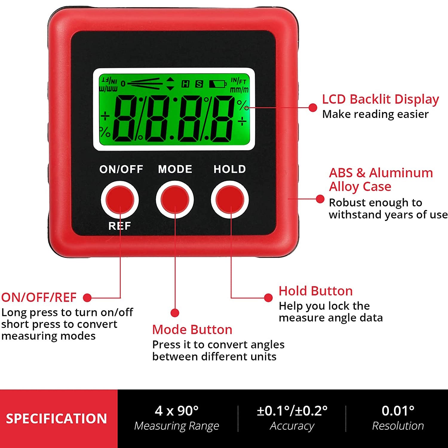 JUSTOOL 0-90° Level Protractor Inclinometer Electronic Digital Angle Finder